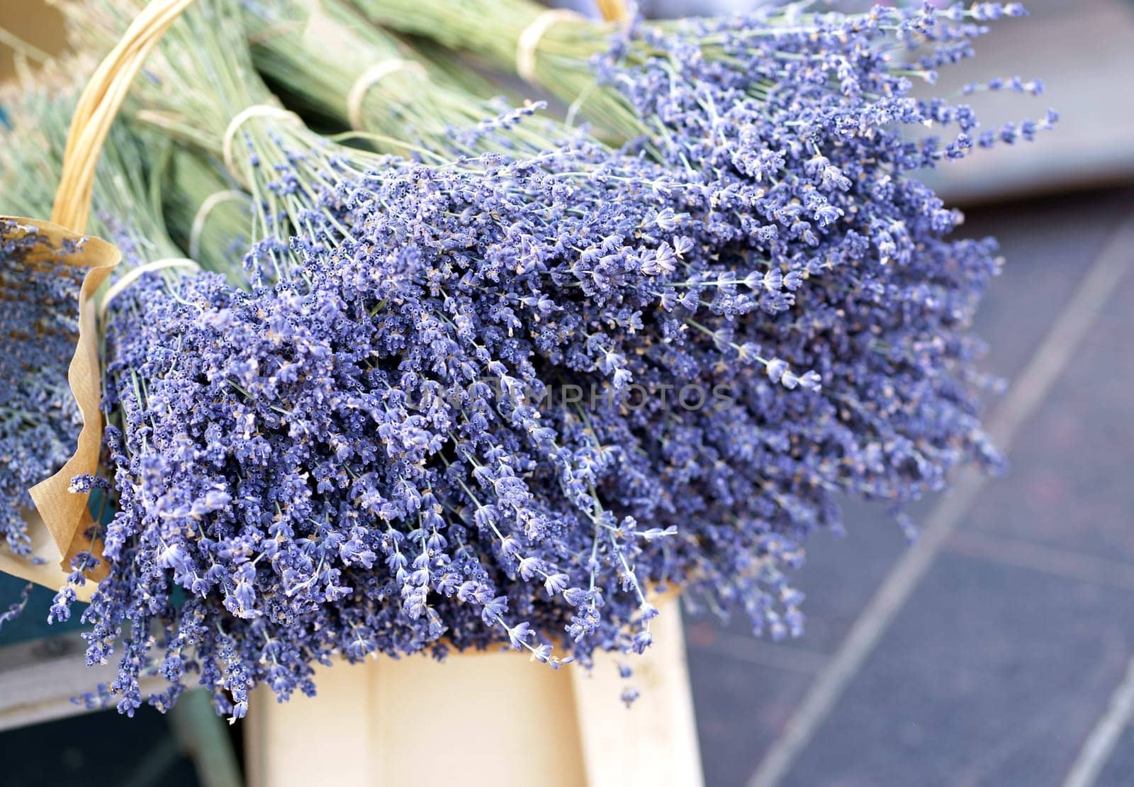 France Nice market. Dry lavender for sale. Light purple colour. Pattern of small natural violet elements. Aromatic mediterranean product. Colorful image. by aprilphoto