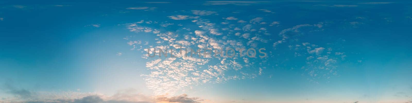 Sunset sky panorama with golden pink Cirrus clouds. Seamless hdr spherical 360 panorama. Sky dome in 3D visualization, sky replacement for aerial drone 360 panoramas. Weather and climate change by panophotograph