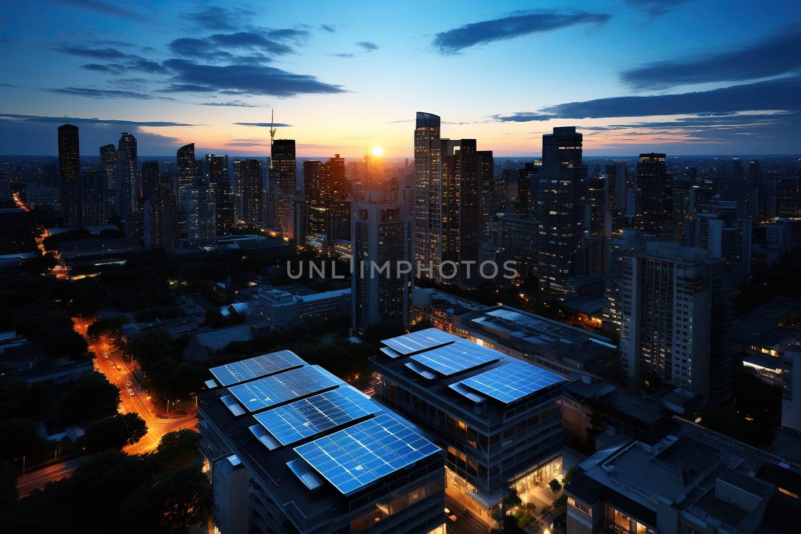 Solar panels on the roofs of houses in the city. Lighting using solar energy.