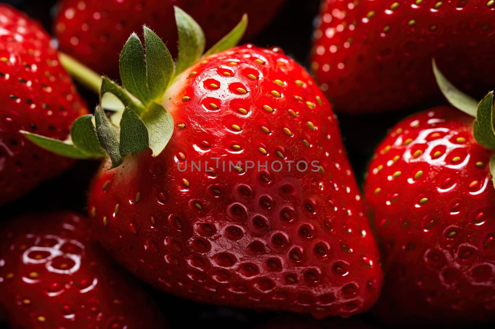 Ripe juicy strawberry close-up. Background of fresh strawberries. Generated by artificial intelligence by Vovmar