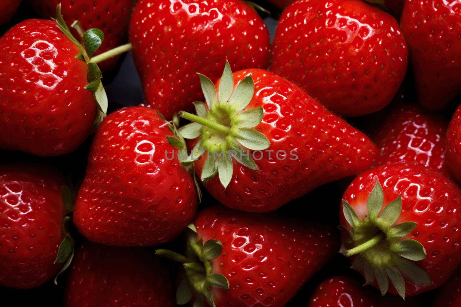 Ripe juicy strawberry close-up. Background of fresh strawberries. Generated by artificial intelligence by Vovmar