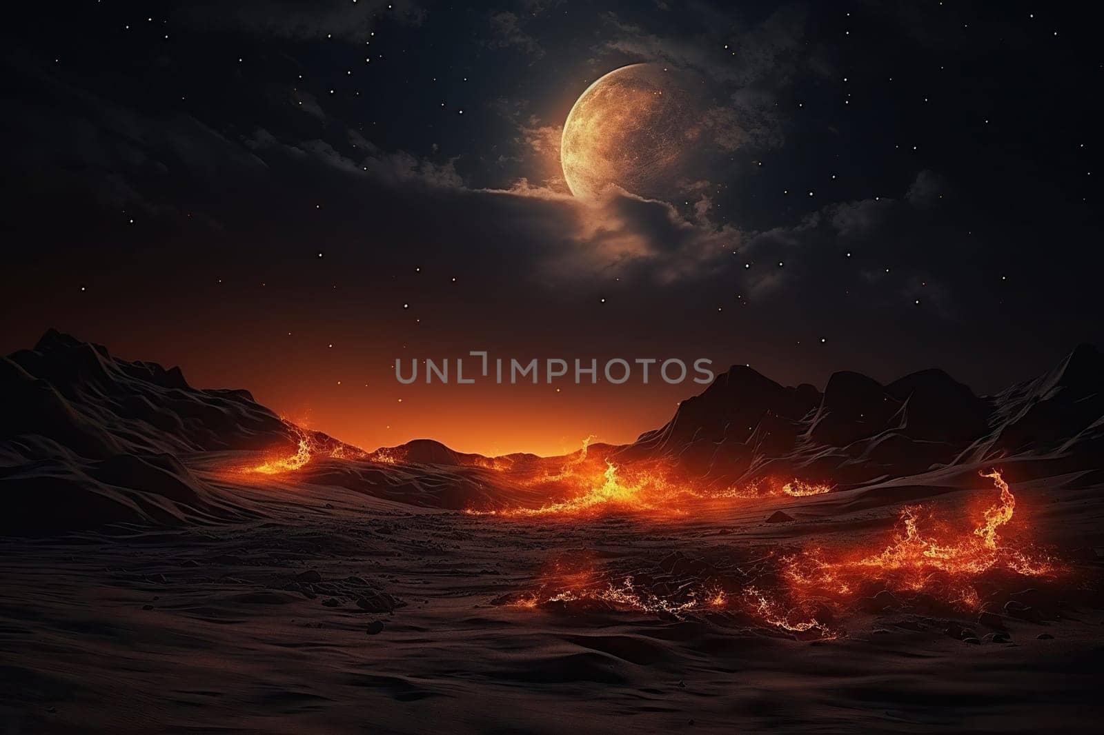 Night desert with fires on the sand in the light of a bright moon on a cloudy sky. Generated by artificial intelligence by Vovmar