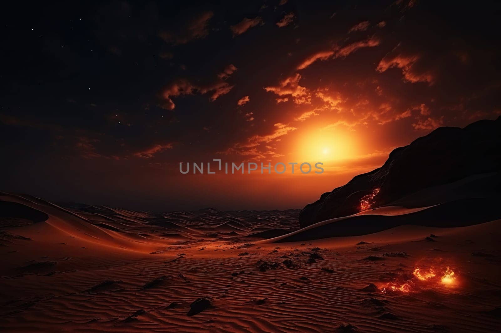 Desert landscape in the rays of the setting sun with fires on the sand. Generated by artificial intelligence by Vovmar