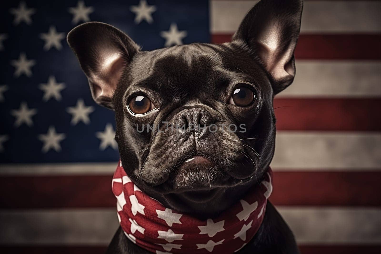 French bulldog dog with a bandage around its neck on the background of the US flag. Elections, US Independence Day. Patriotic dog. Generative AI by Vovmar