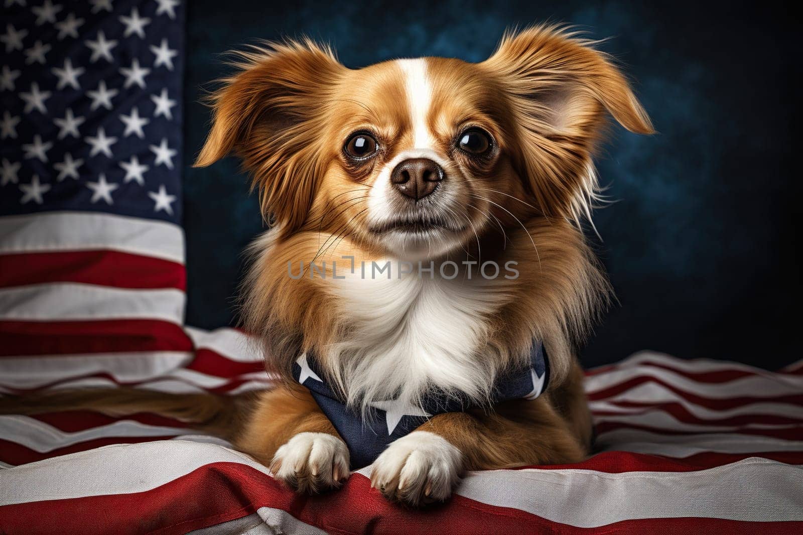 A Chihuahua dog lies against the background of the US flag.