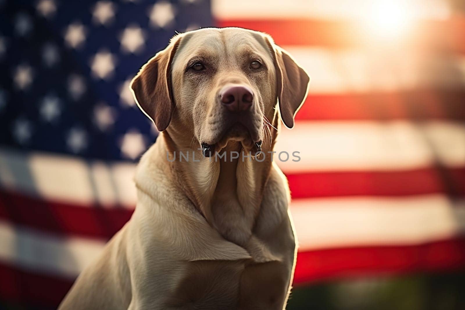 Labrador dog against the background of the US flag. Elections, US Independence Day. Patriotic dog. Generative AI by Vovmar