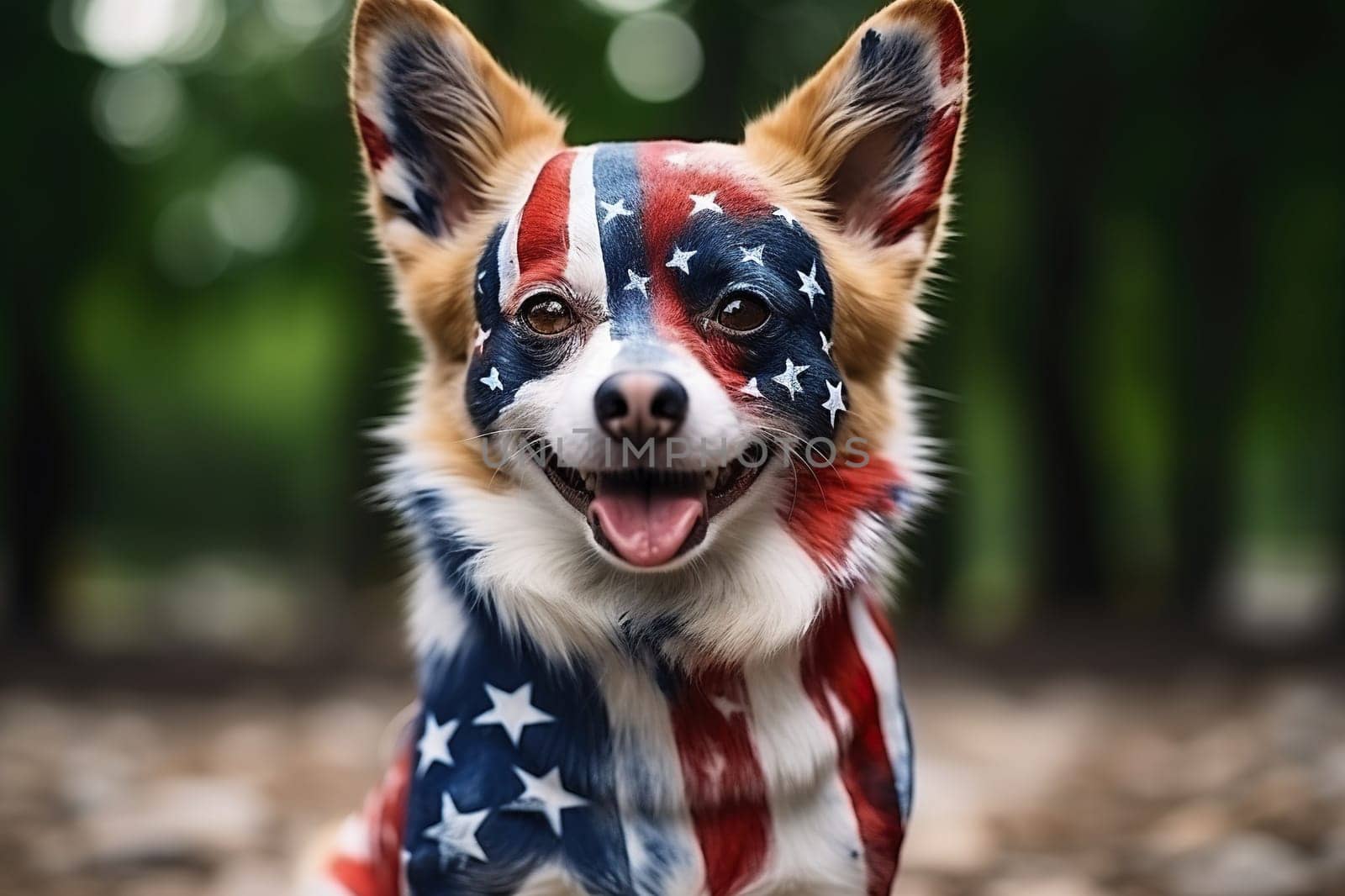 A dog with fur colored in the colors of the US flag. Elections, US Independence Day. Patriotic dog. Generative AI by Vovmar