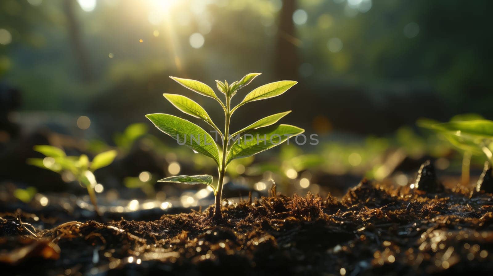 Small tree growing with sunshine in garden. Eco concept.