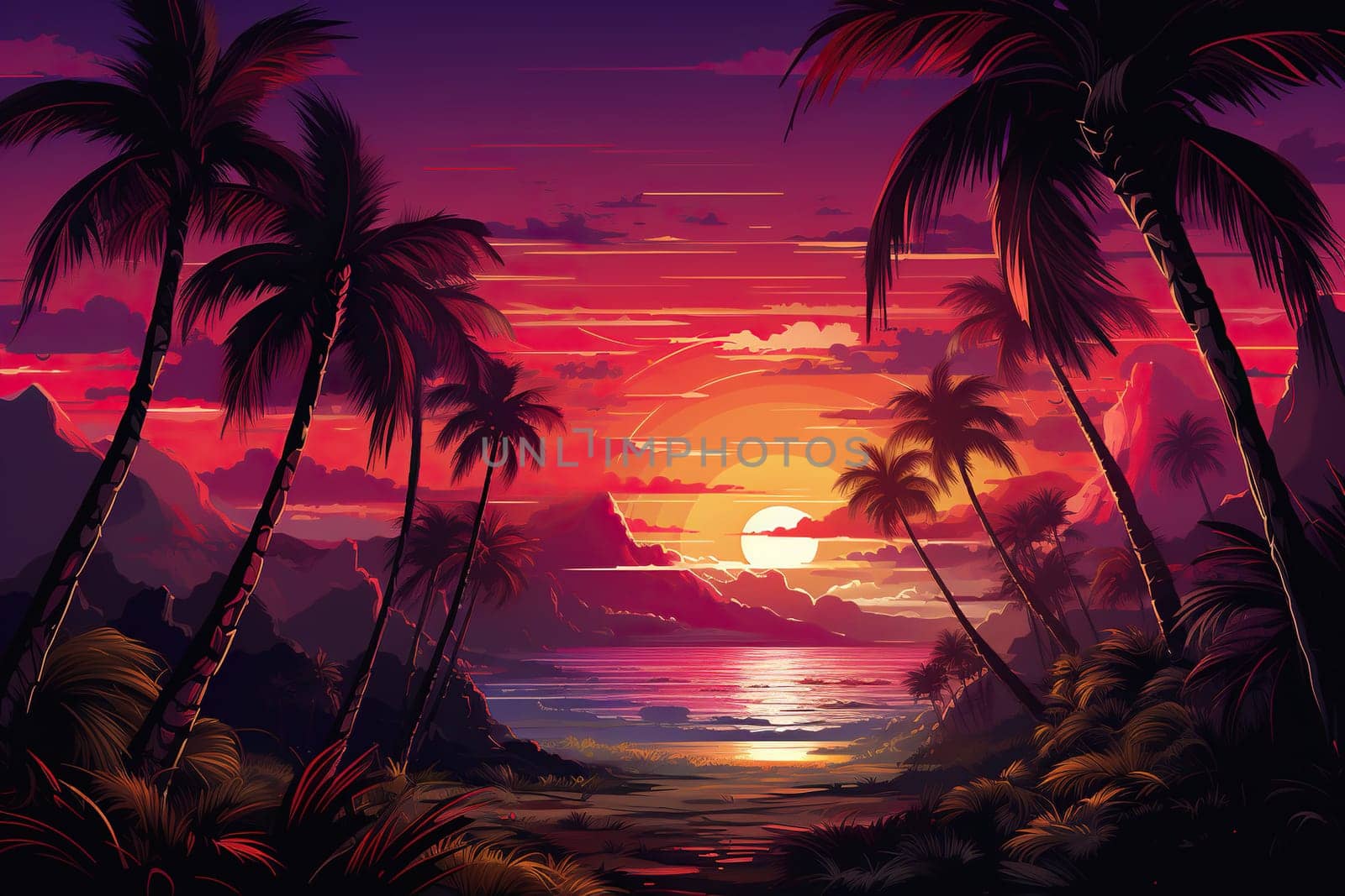 Beautiful sunset against the backdrop of the silhouette of tall palm trees on the sea beach. Vintage tone. Generated by artificial intelligence by Vovmar