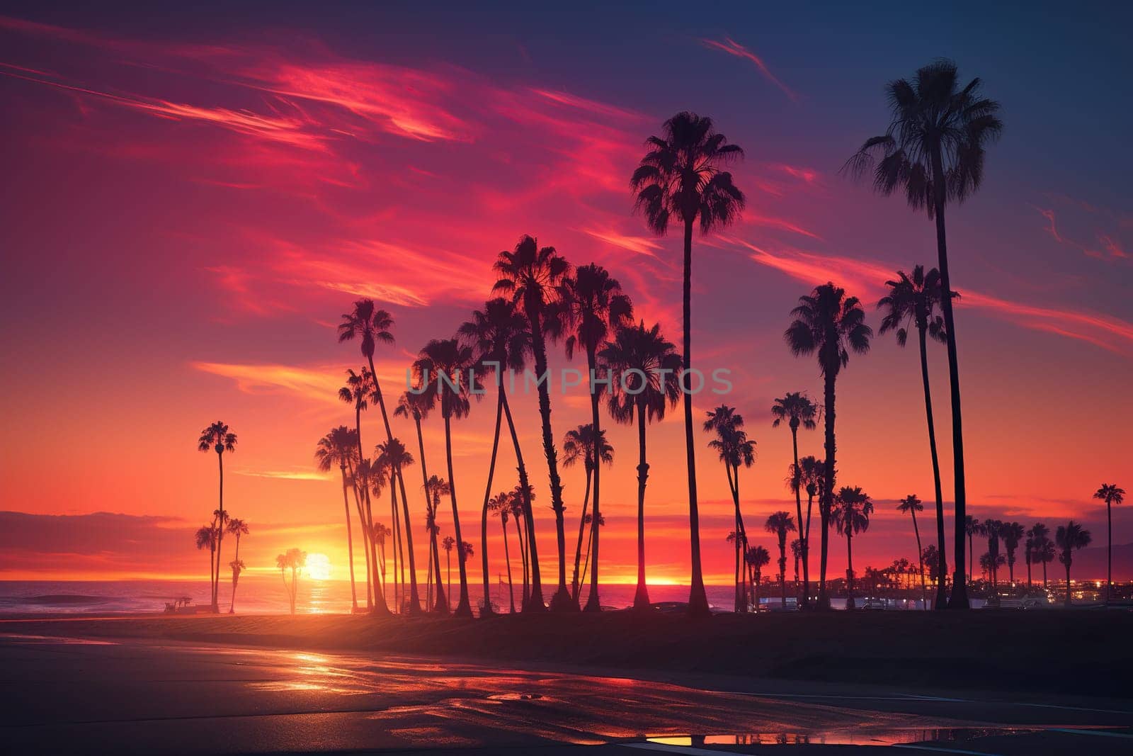 Beautiful sunset against the backdrop of the silhouette of tall palm trees on the sea beach. Vintage tone. Generated by artificial intelligence by Vovmar