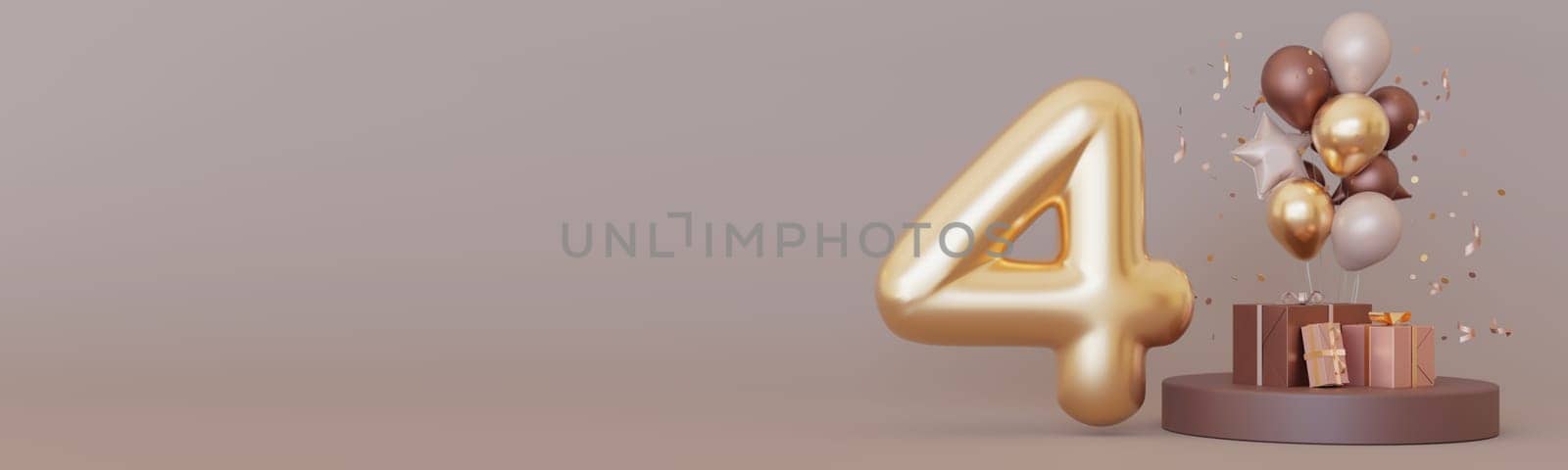 Golden number four, presents and balloons on brown background. Symbol 4. Fourth birthday party, business anniversary, or event celebrating a fourth milestone. Warm colors. Banner with copy space. 3D