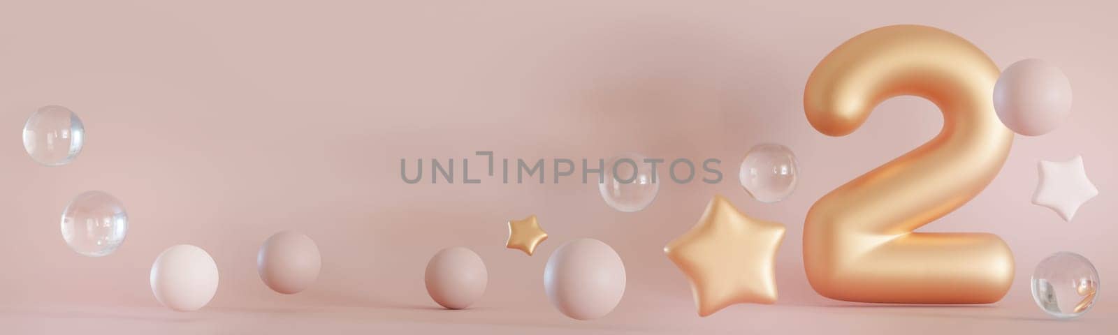 Golden number two, bubbles and stars on beige background. Symbol 2. Second birthday party, business anniversary, or any event celebrating a second milestone. Banner with copy space. 3D Render