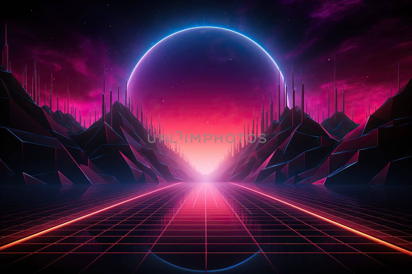 Futuristic background. Neon road leading to sunset, rocks, retro wave. Generated by artificial intelligence by Vovmar