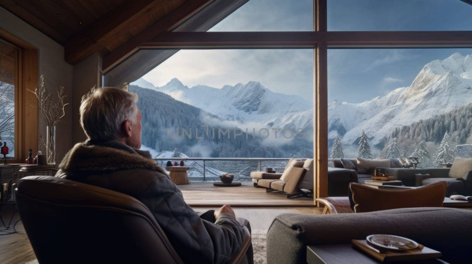 Traveler enjoying weekends inside contemporary barn house in the mountains. Happy tourist looking through panoramic windows in new cottage. comeliness