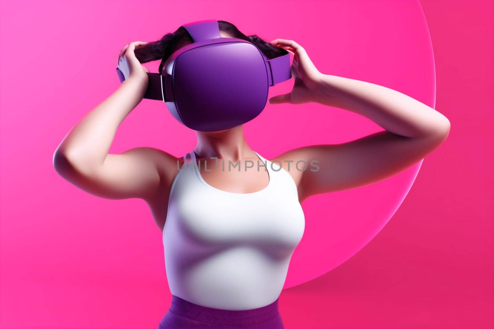 woman neon virtual sport reality digital glasses innovation vr yoga game. Generative AI. by Vichizh