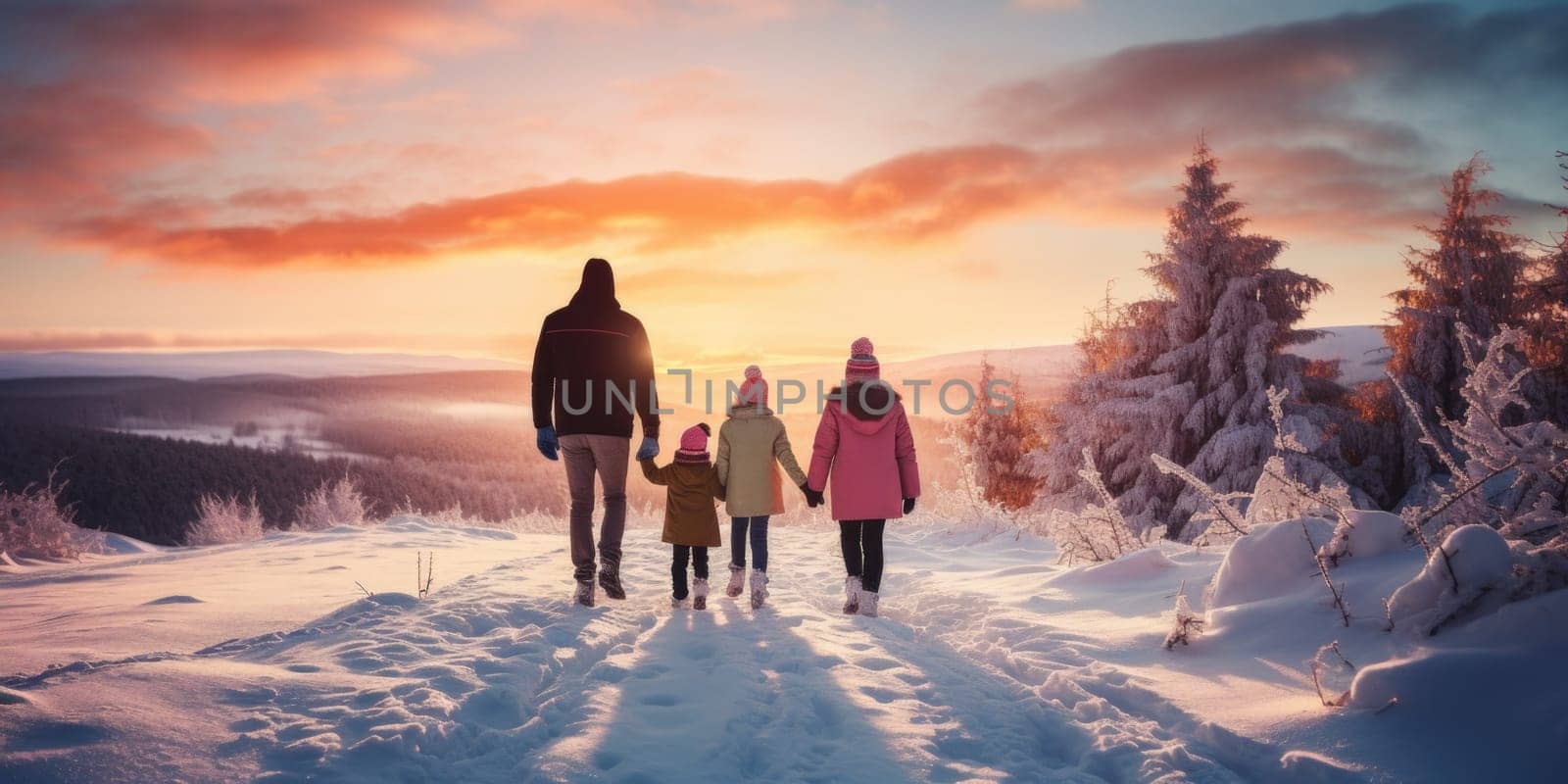 Happy family Father, mother and children are on winter walk in nature comeliness by biancoblue