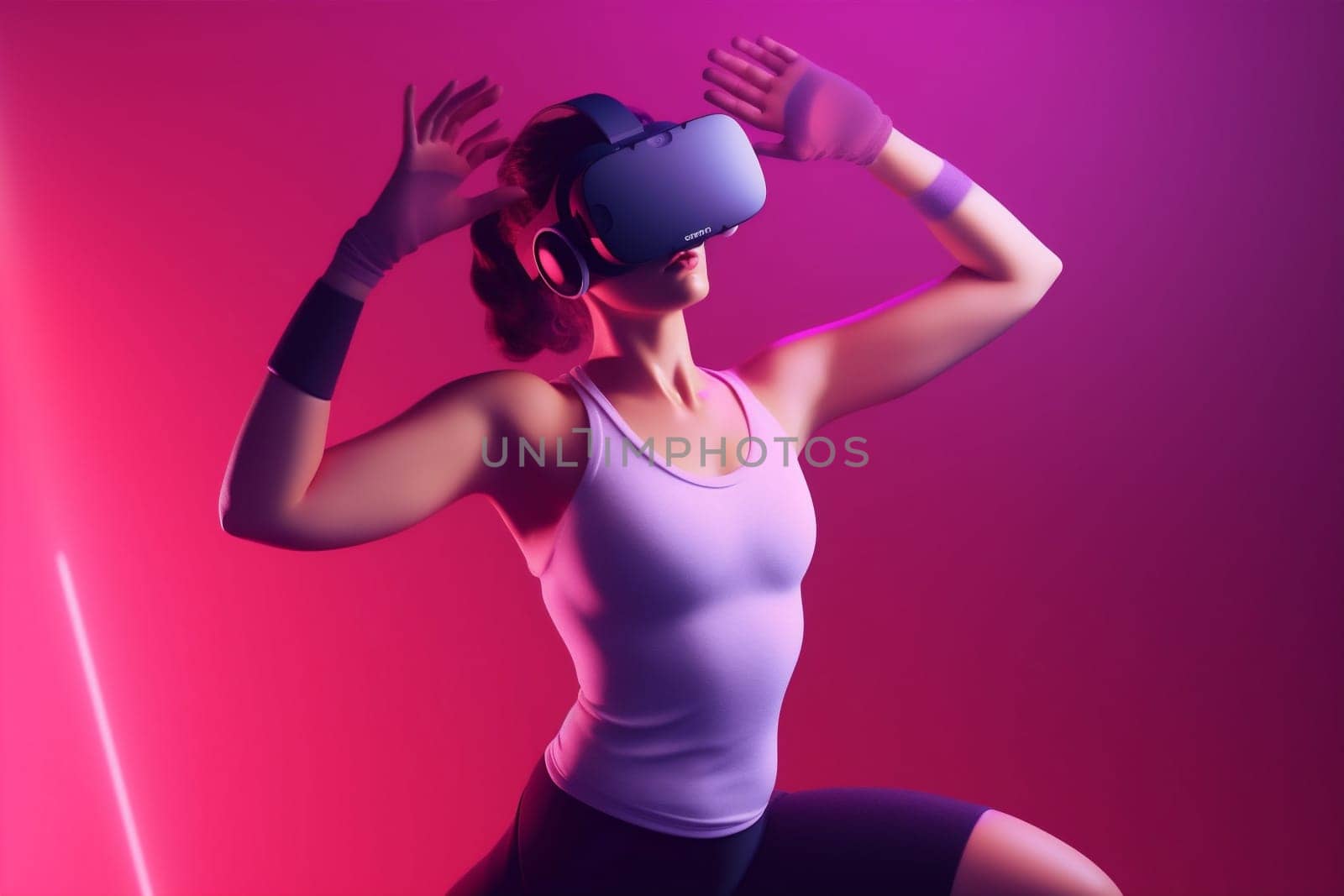 sport woman digital vr reality game virtual glasses innovation neon three-dimensional. Generative AI. by Vichizh