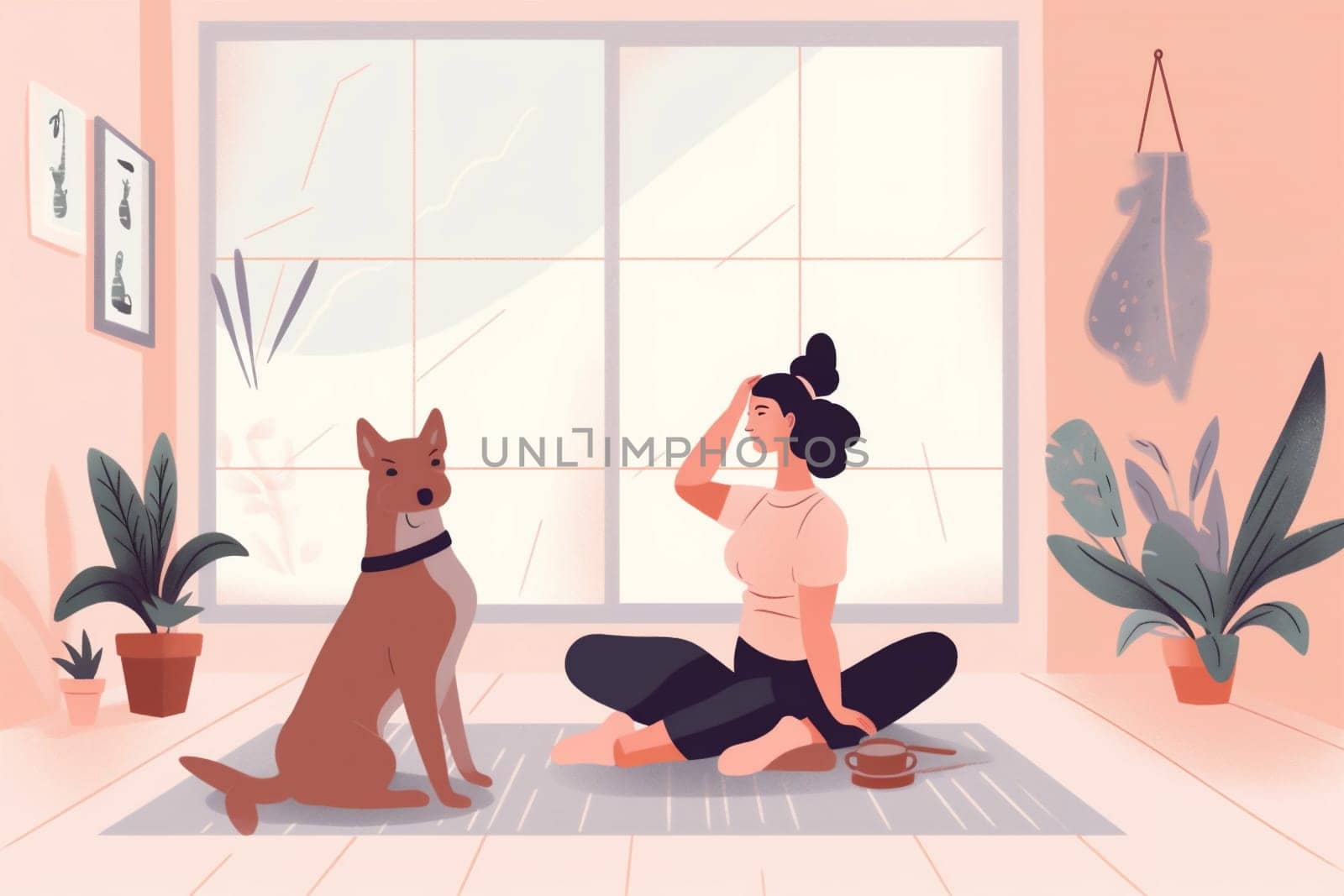 training dog woman exercise wellness home practice puppy exercising fitness lifestyle body character indoor cartoon yoga relaxation gymnastics pet sport health. Generative AI.