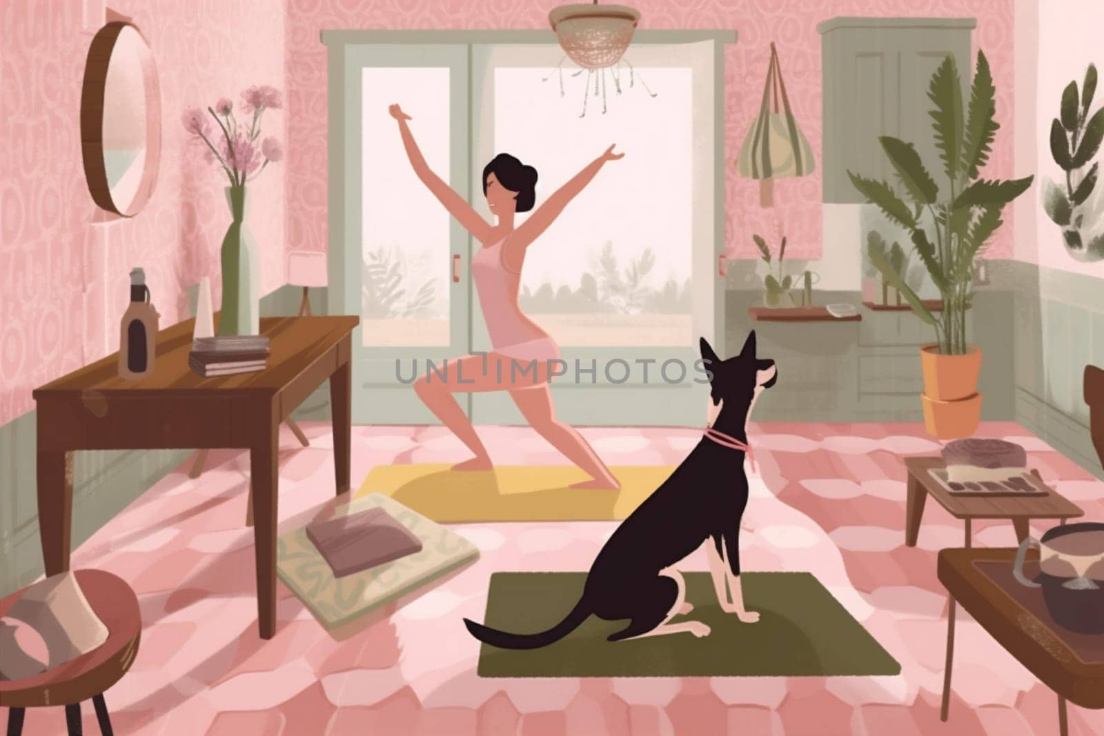 dog woman relax character home zen cartoon young stretching sport illustration pose wellness asana body lifestyle relaxation yoga training fitness female. Generative AI.