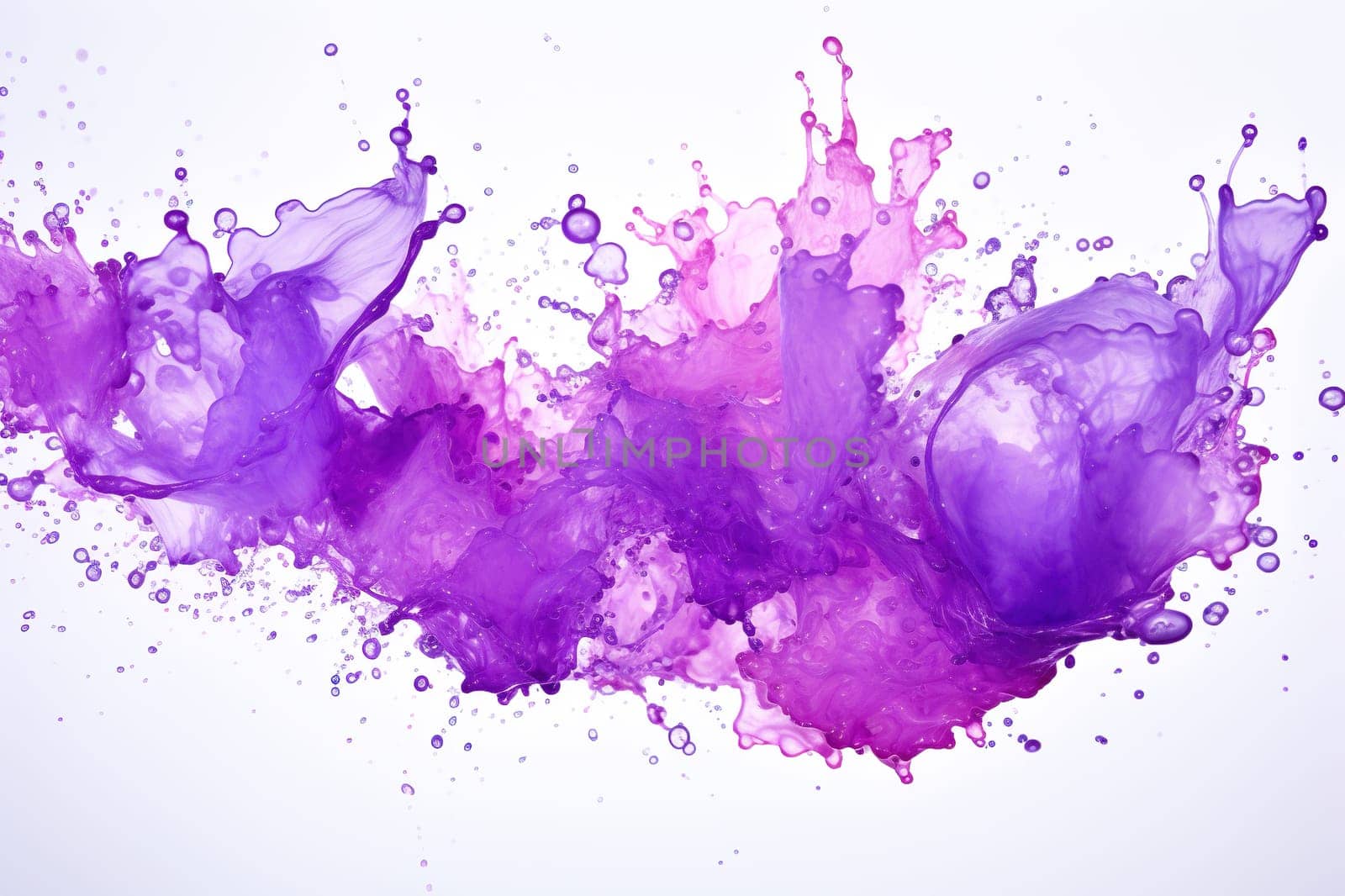 Splash of purple liquid. Splash of purple color on a white background. Abstract color background. Generated by artificial intelligence by Vovmar