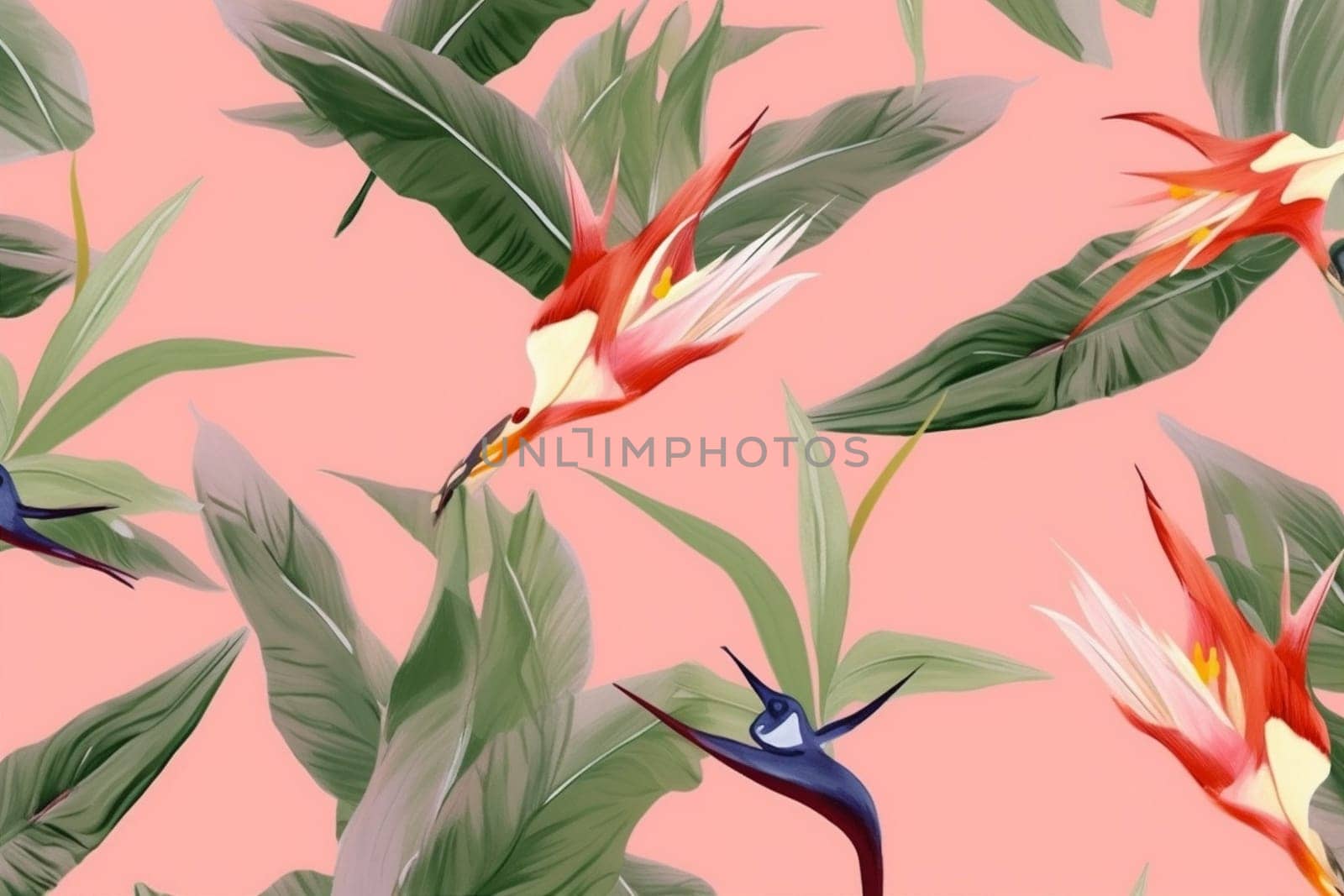 pink leaf trendy flower orange tropical jungle colorful seamless pattern. Generative AI. by Vichizh