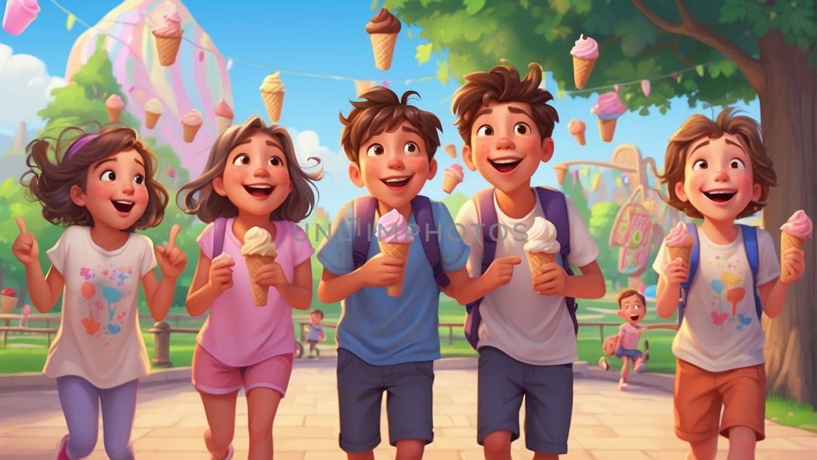 a group of kids , boys and girls, having ice cream gelato cones in a park in summer time ai generated