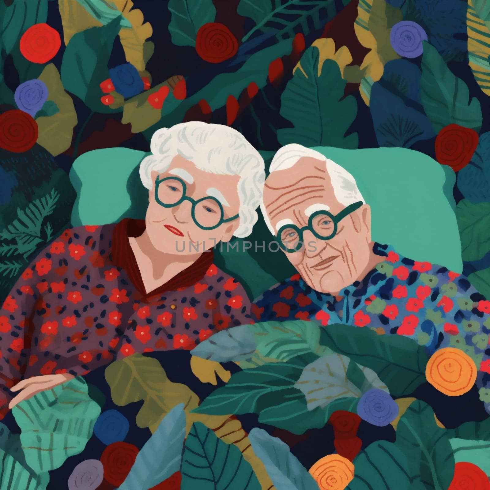 woman man romantic together partner illustration grandfather love elderly couple asleep grandmother retired aged happy old lifestyle adult relax character happiness bed. Generative AI.