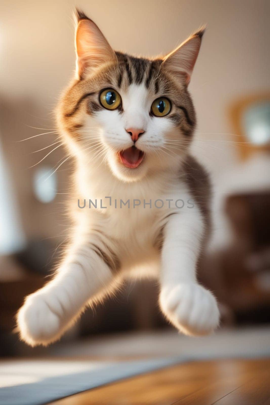 shocked cat jumping on air indoors at home by verbano