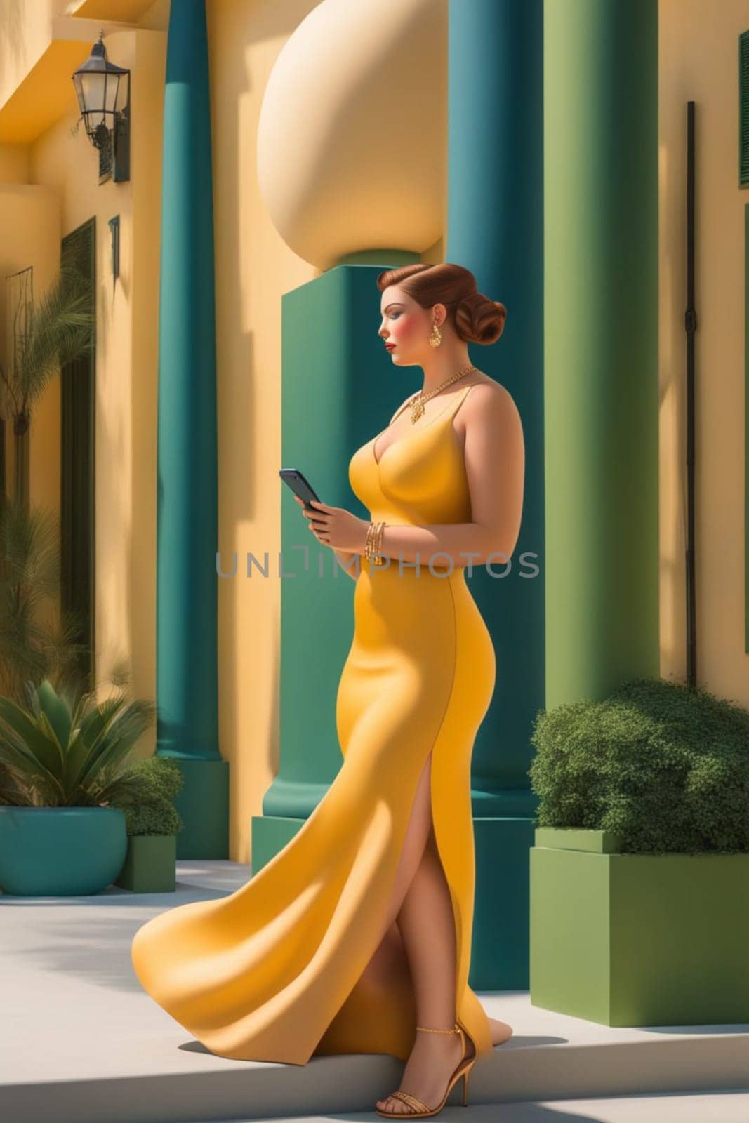 iilustration poster of voluptous female model using smartphone outdoors in a yard in caribbean villa generative ai art