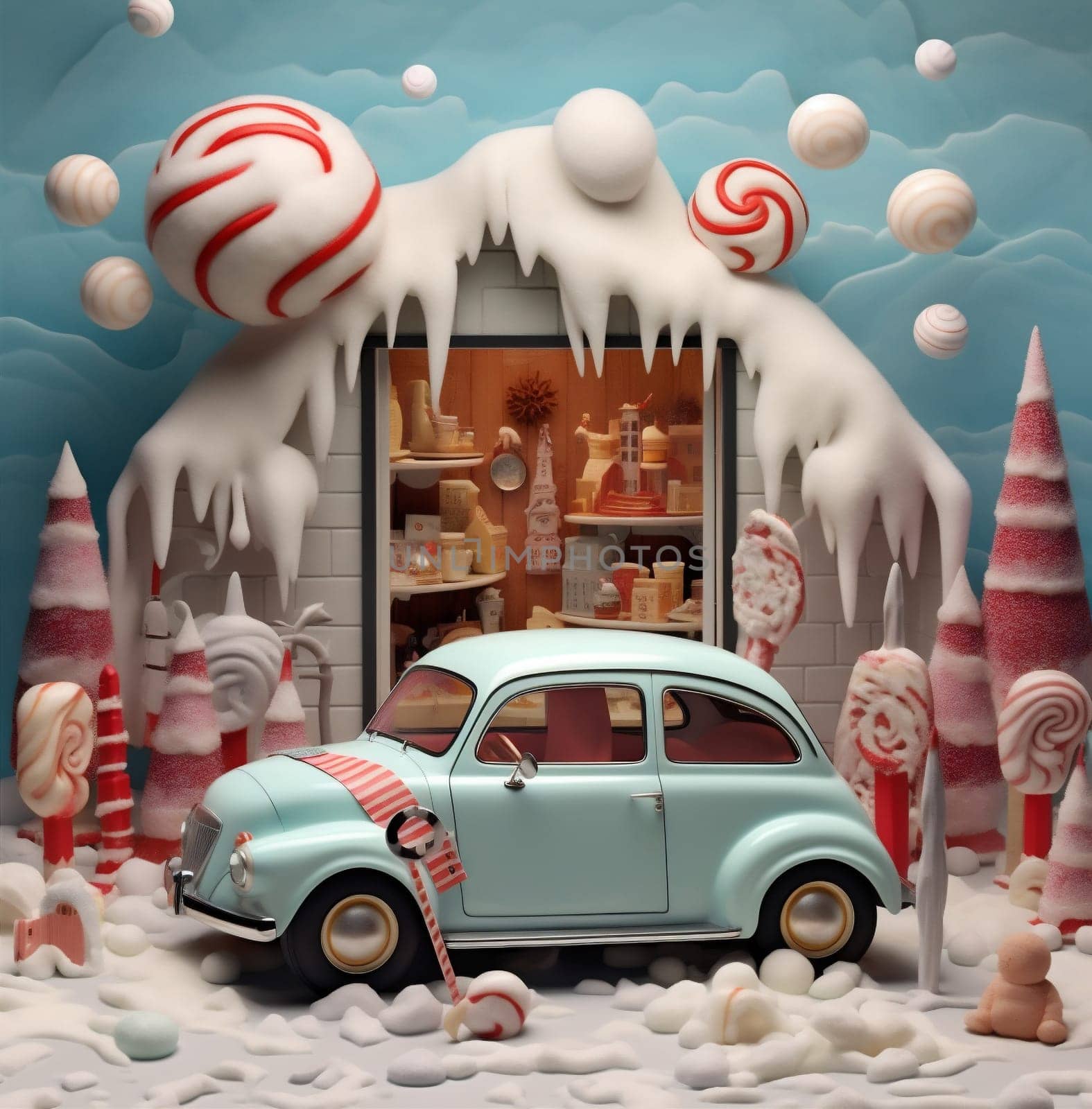 holiday retro merry christmas candy snow festive winter gift car. Generative AI. by Vichizh