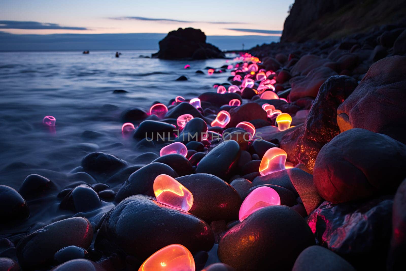 Sea evening landscape with stones, cliffs and neon glow.