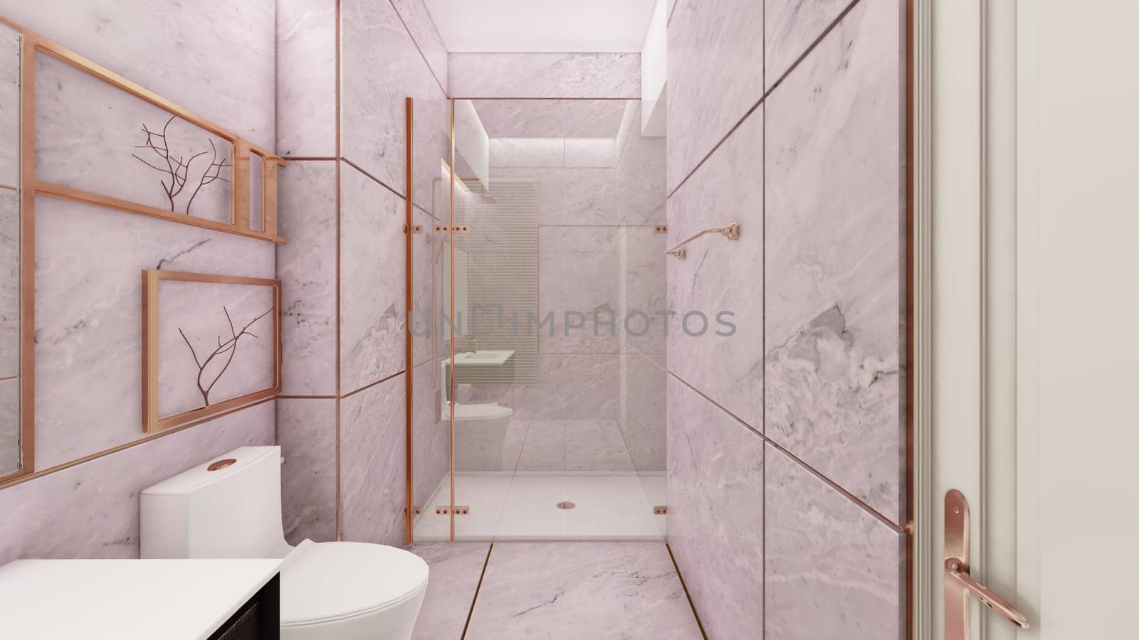 Mauve rose gold toilet interior design 3d rendering by shawlinmohd
