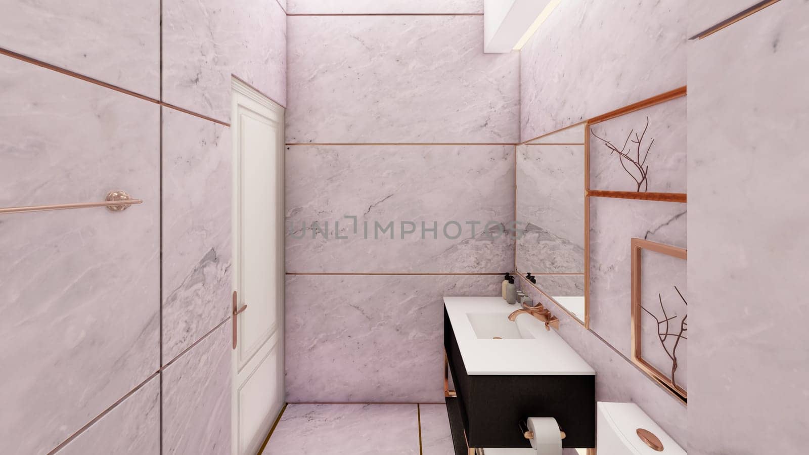 Mauve rose gold toilet interior design 3d rendering by shawlinmohd