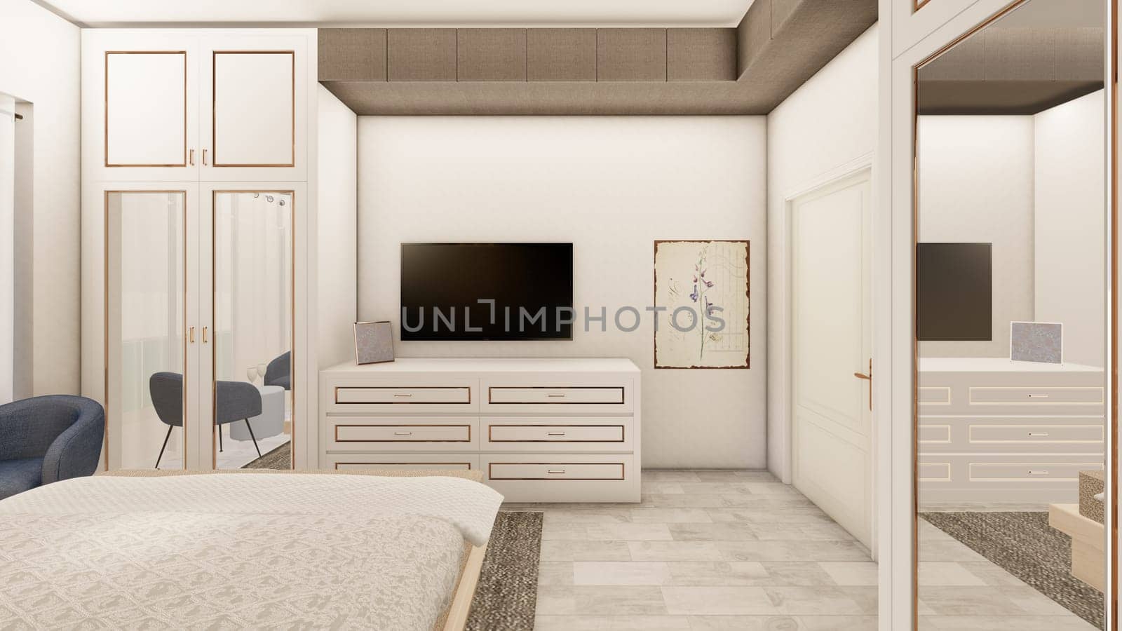 Realistic bedroom interior design with wooden furniture 3d rendering