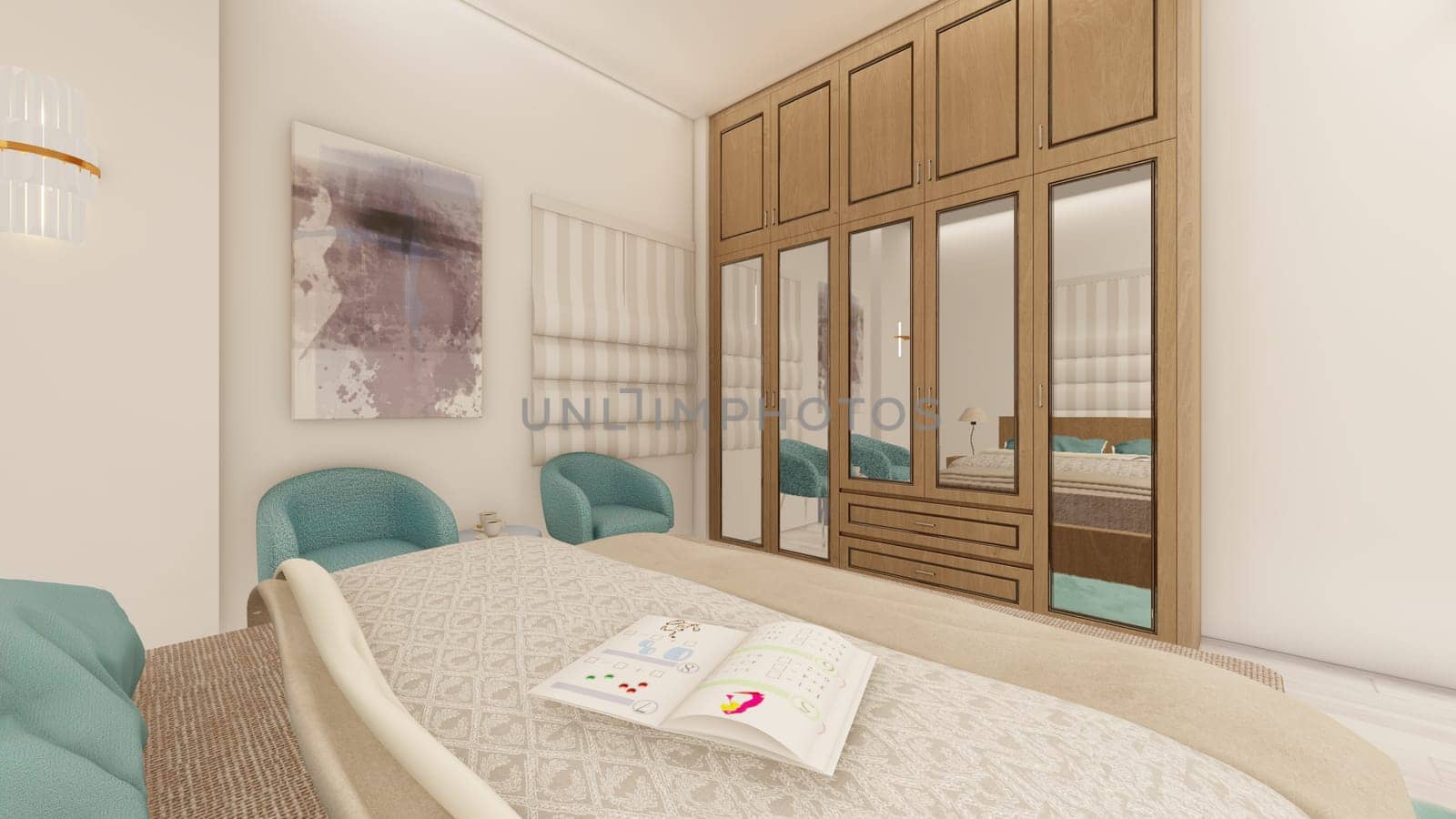 Realistic bedroom with Birchwood furniture 3d rendering