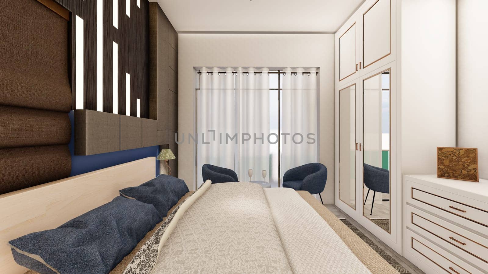 Realistic dark brown and blue bedroom interior with wooden furniture 3d rendering by shawlinmohd