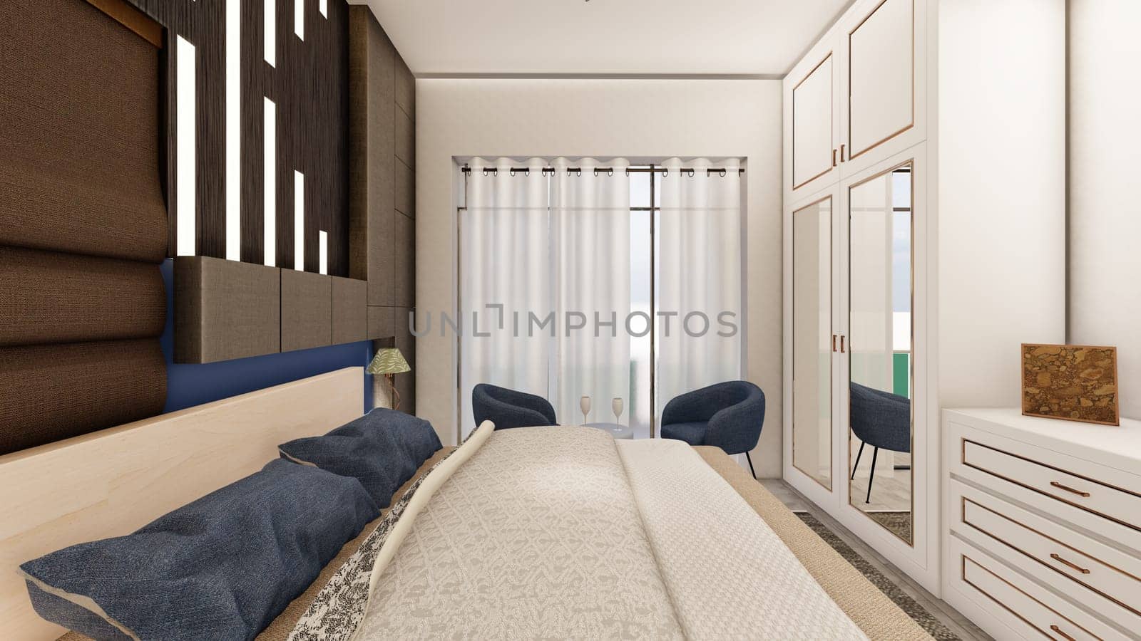 Realistic dark brown and blue bedroom interior with wooden furniture 3d rendering