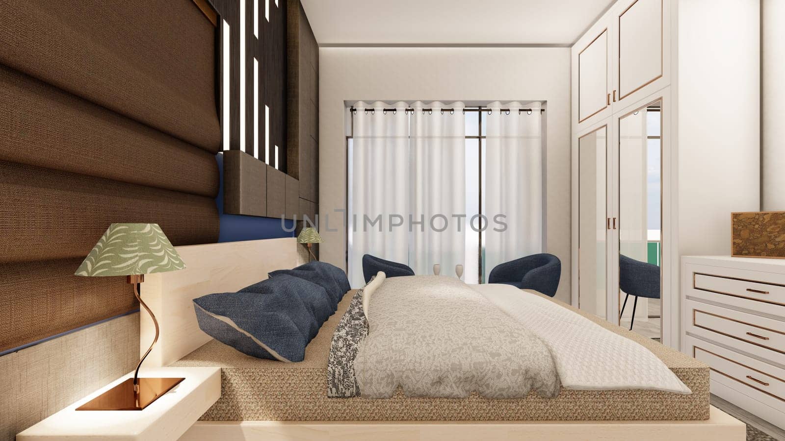 Realistic dark brown bedroom interior with storage and backlight 3d rendering by shawlinmohd