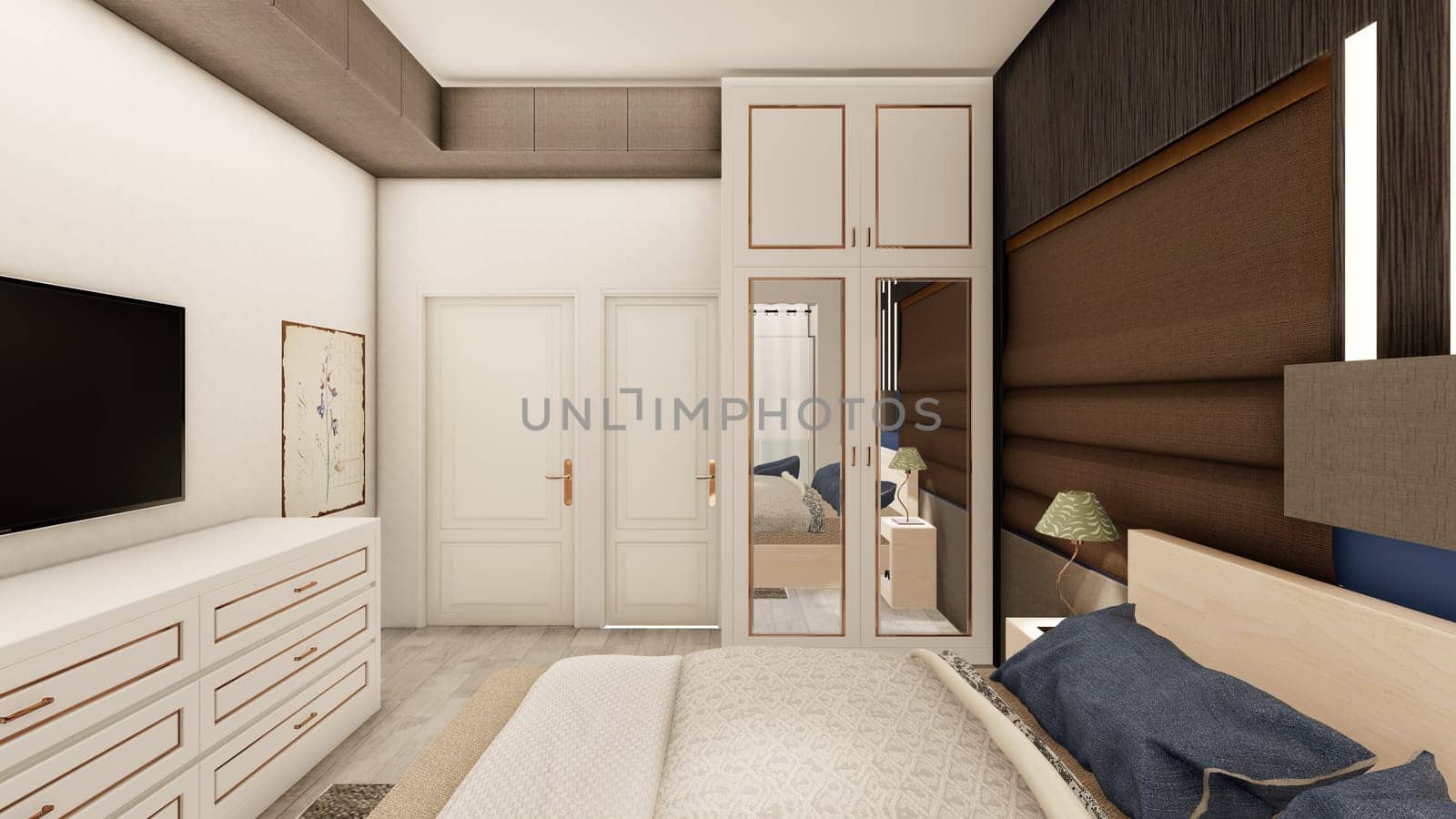 Realistic dark brown bedroom interior with wooden furniture 3d rendering by shawlinmohd