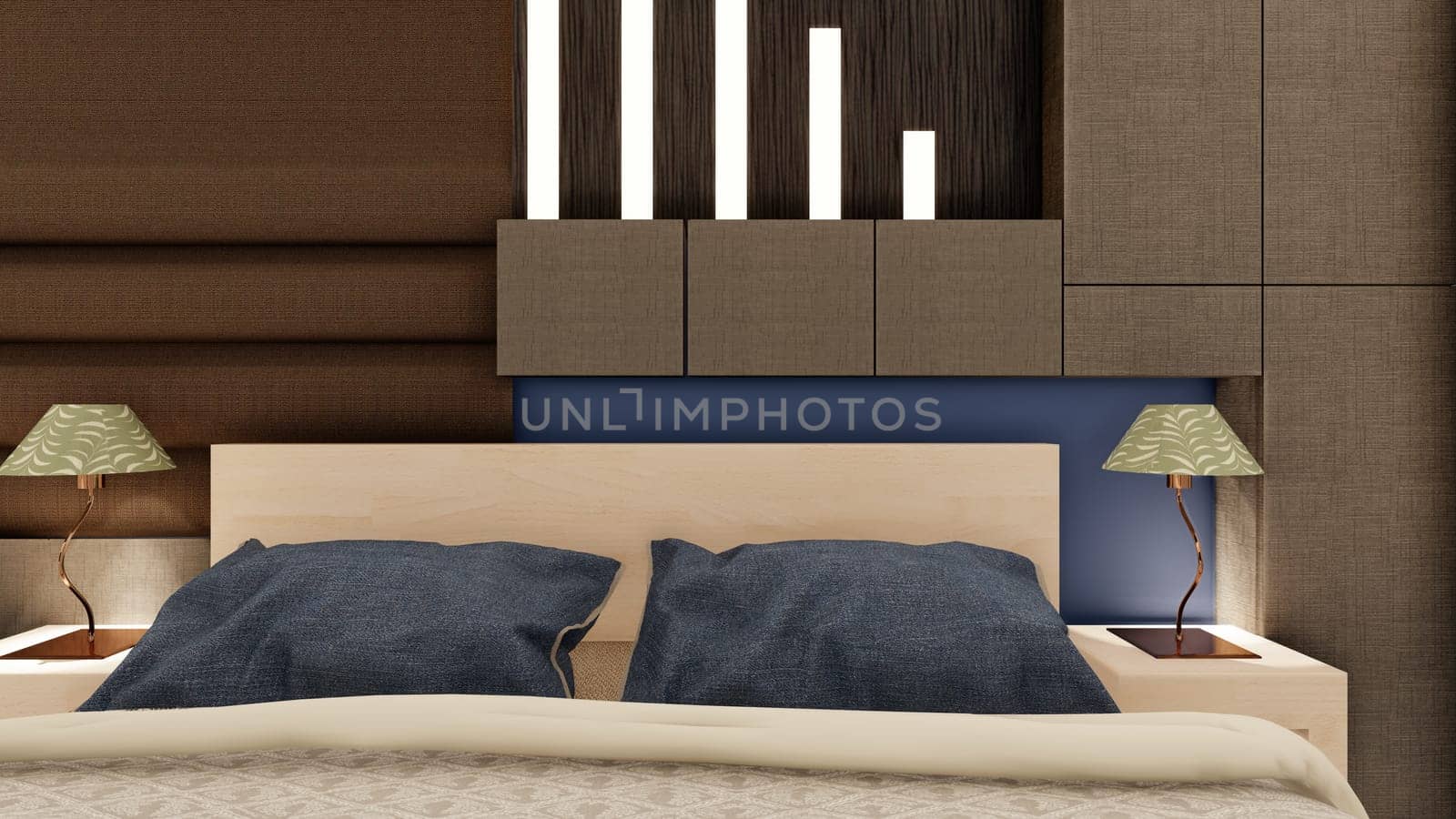 Realistic dark brown luxury bedroom interior with wooden furniture 3d rendering