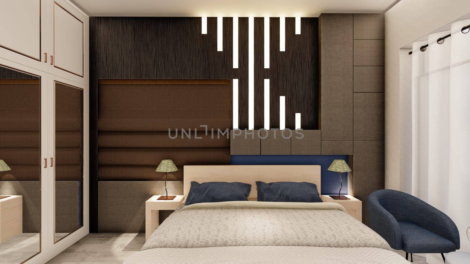 Realistic dark wooden bedroom interior with storage and backlight 3d rendering
