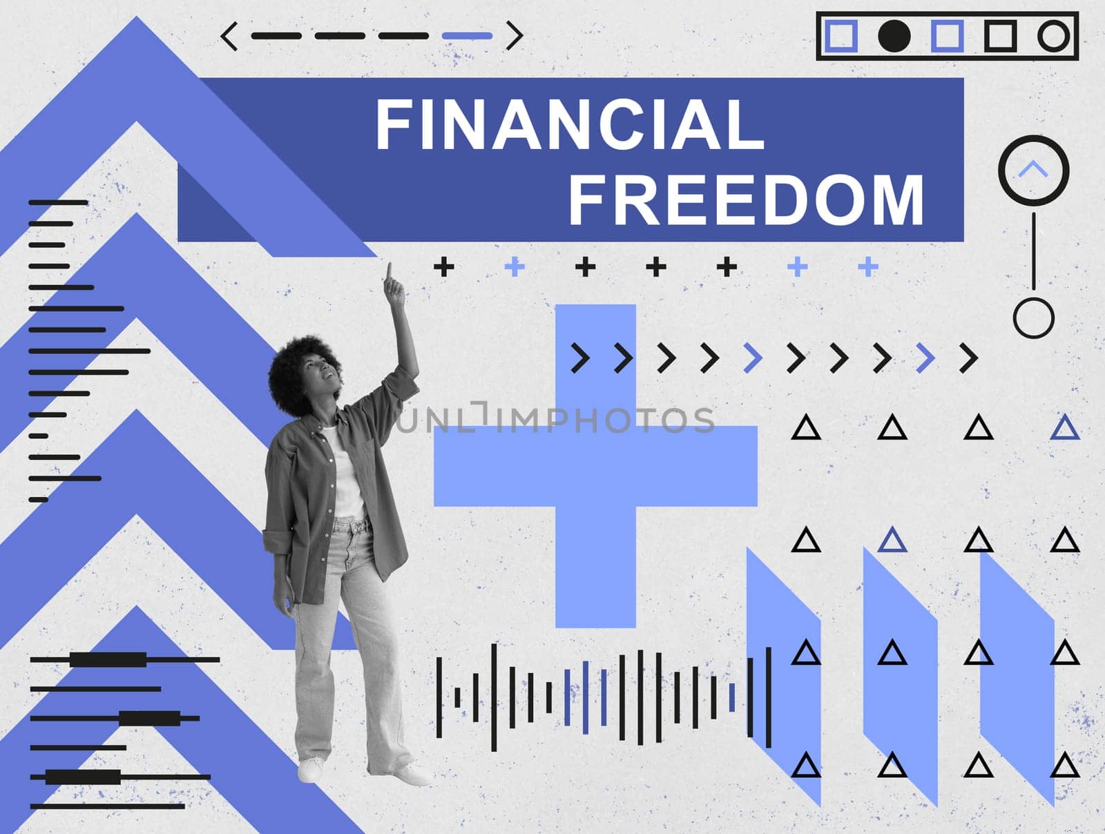 Young woman points to the inscription financial freedom. Abstract collage.