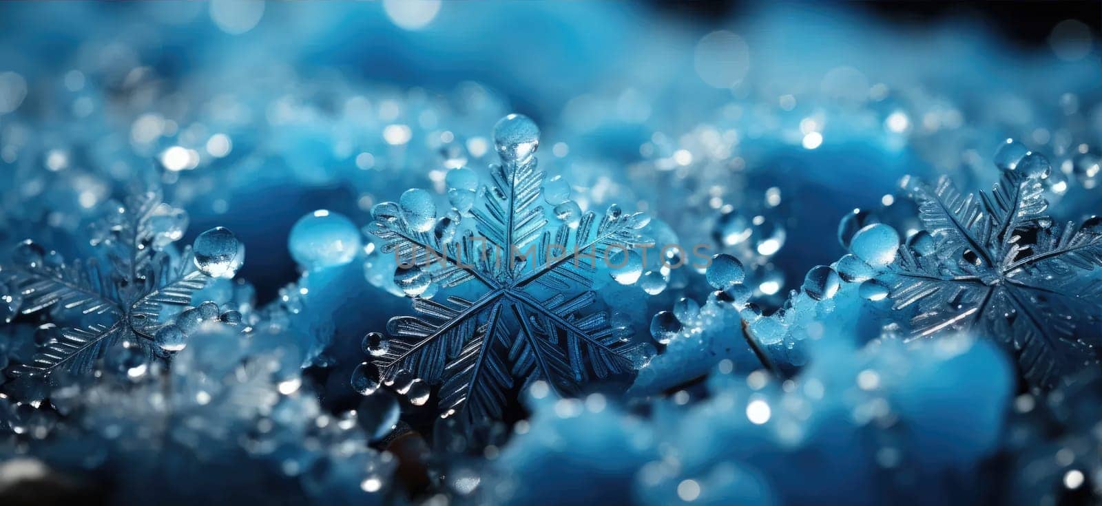 Winter magic on blue christmas background with swirling snowflakes.