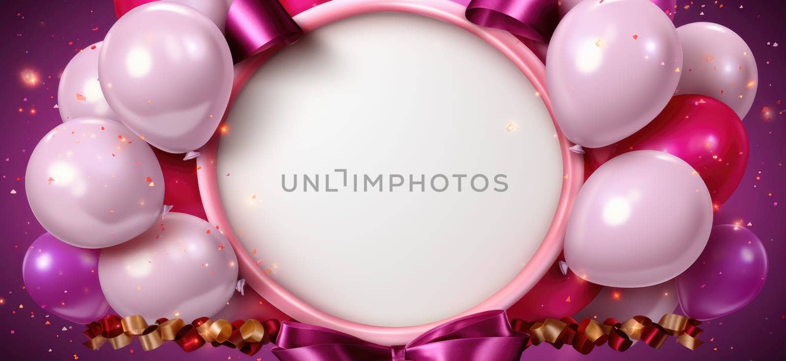 Greeting card with balloons and confetti in pink tones