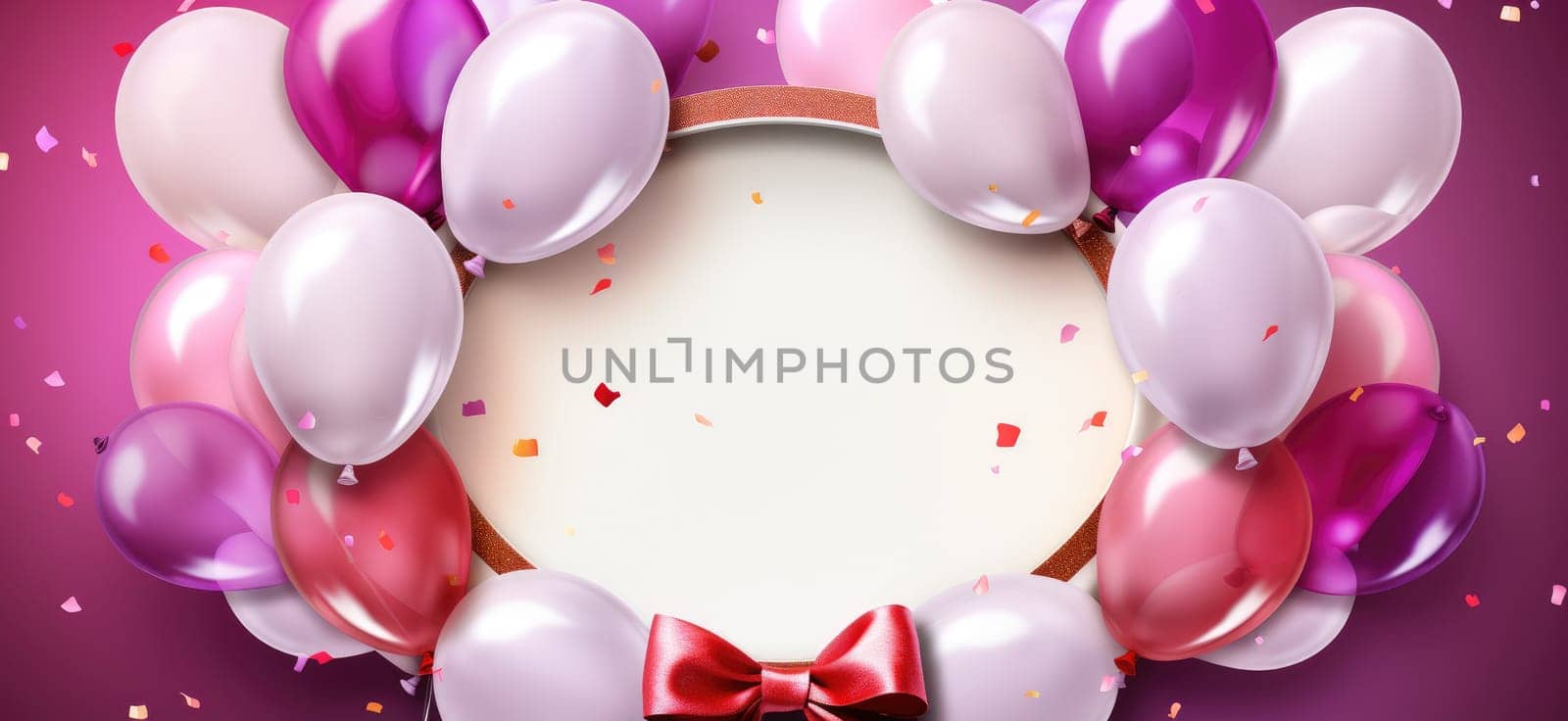 Greeting card with balloons and confetti in pink tones