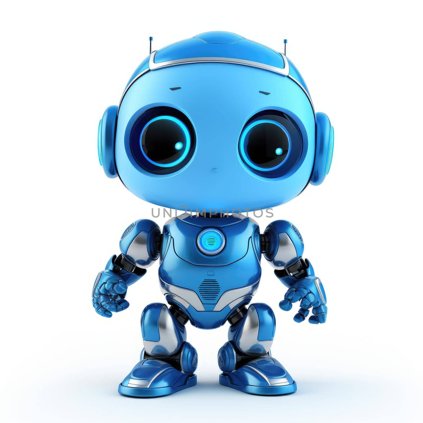 Little robot unleashing cheerful technological magic on blue background by Yurich32