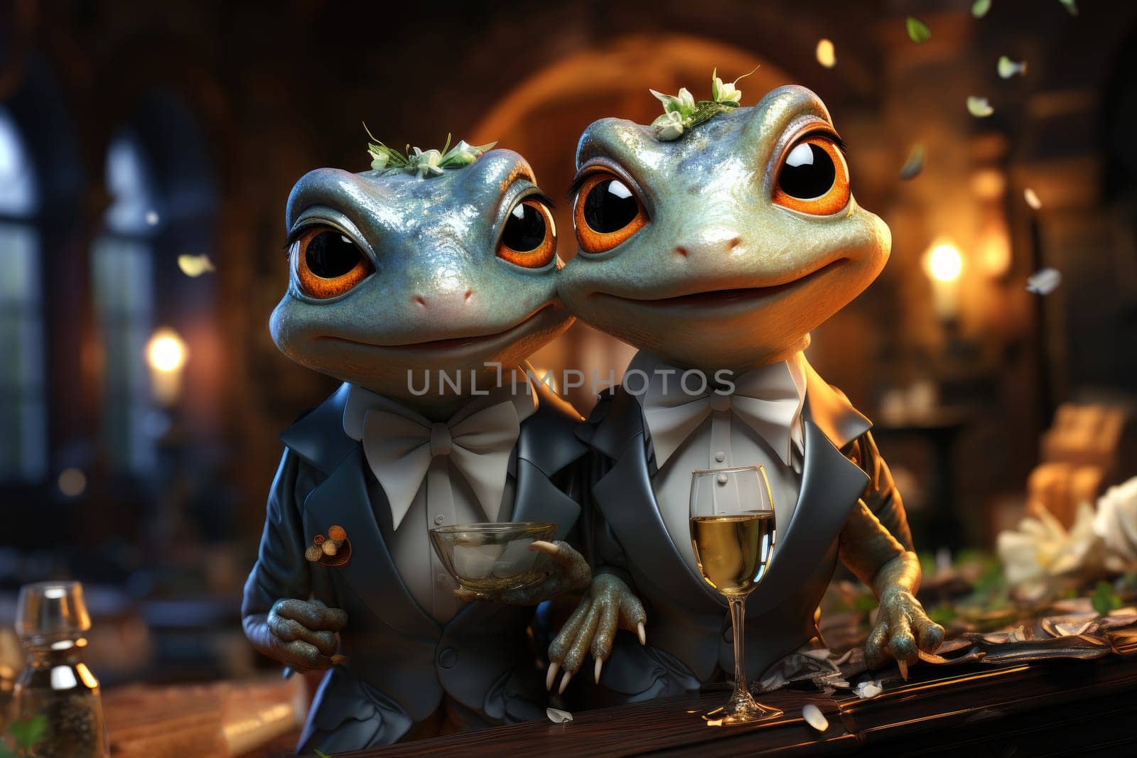 Magical wedding of frogs in a fairytale pond by Yurich32