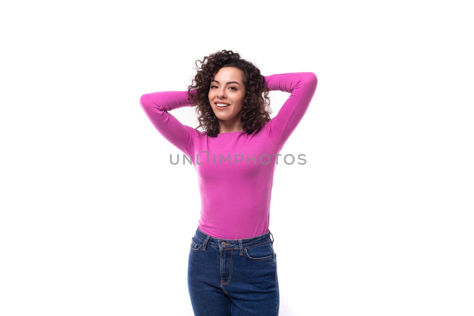 young caucasian woman with curly black hair on white background by TRMK