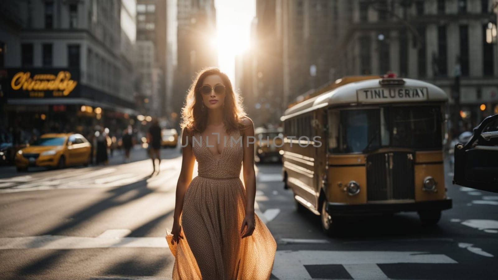 A vibrant fit tall young trans woman in the street, sun glasses, perfect hair , vintage channel style inspired dress, background is new york, 5th avenue.