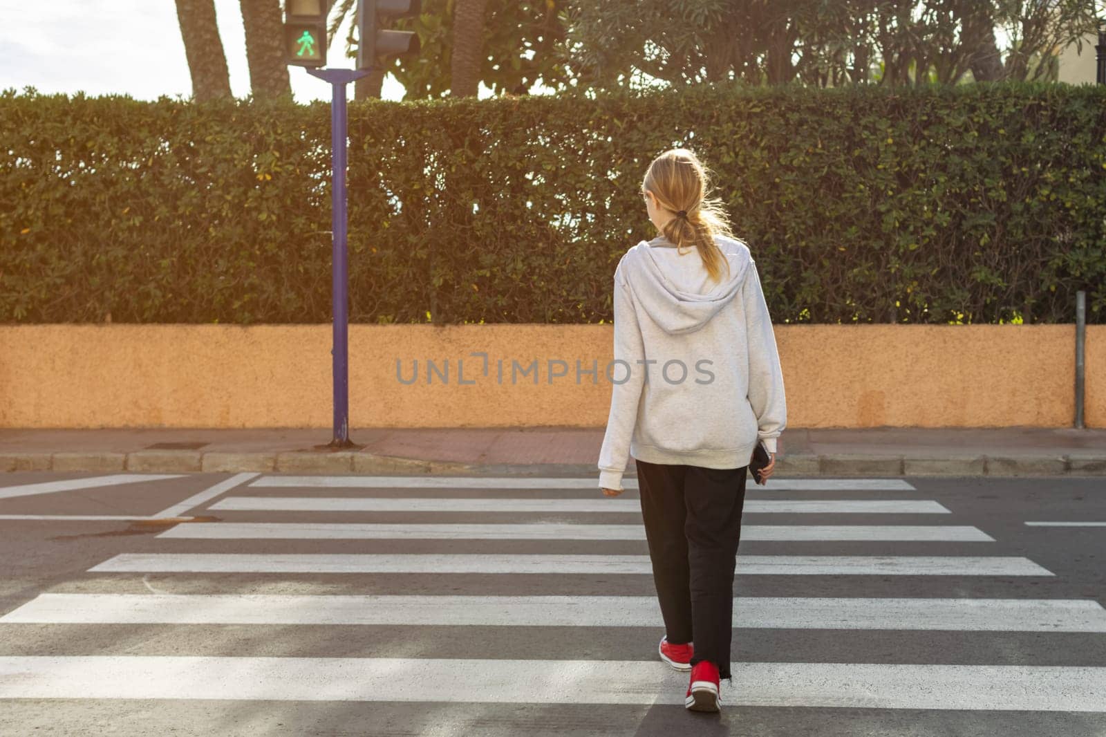 teenage girl in casual clothes crosses the road at a pedestrian crossing with her back to the camera. High quality photo